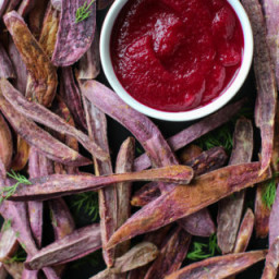 Oil-Free Purple Sweet Potato Fries with Beet Ketchup