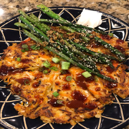 Okonomiyaki with BBQ Sauce & Sesame Asparagus