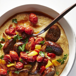 Old Bay Cheddar Grits with Andouille and Tomatoes