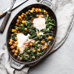 Olive Oil Baked Chickpeas with Eggs, Spinach and Sumac