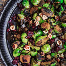 Olive Oil Fried Brussels Sprouts with Mushrooms and Cranberries