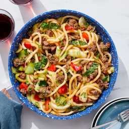 One-Pan Beef & Udon Noodle Stir-Fry with Bok Choy & Bell Pepper