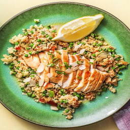 One-Pan Chicken and Couscous Pilaf with Peas, Almonds, and Spicy Crema