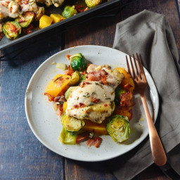 One-Pan Chicken with Butternut Squash, Brussels Sprouts, and Bacon