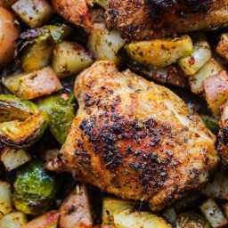 One Pan Chicken with Lemon Garlic Potatoes & Brussels Sprouts