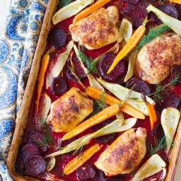 One Pan Citrus Beets Roasted Chicken