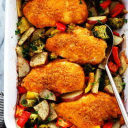 One Pan Crispy Parmesan Paprika Chicken with Vegetables