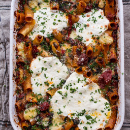 One-Pan Four Cheese Drunken Sun-Dried Tomato and Spinach Pasta Bake.