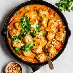 One Pan Ginger Chicken Meatballs with Peanut Sauce