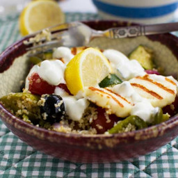 One pan Greek couscous with halloumi