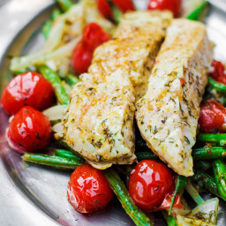 One pan Mediterranean Baked Halibut Recipe with Vegetables