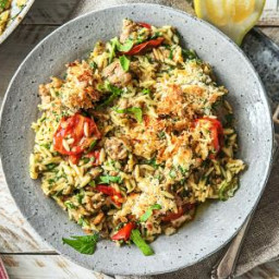 One-Pan Orzo Italiano with Chicken Sausage, Tomatoes, and Spinach