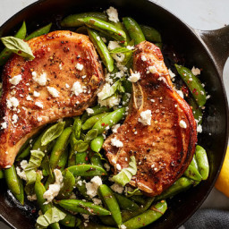 One-Pan Pork Chops With Feta, Snap Peas and Mint