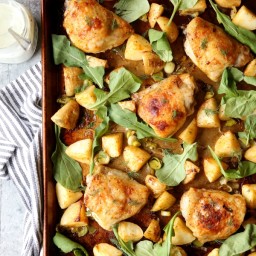 One-Pan Roasted Chicken and Potatoes with Leeks and Arugula
