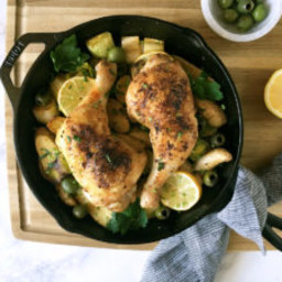 One Pan Roasted Chicken with Potatoes, Olives, and Leeks