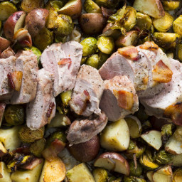 One-Pan Roasted Pork Loin Dinner with Bacon, Brussels Sprouts and Red Potat