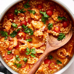 One-Pan Shrimp and Pearl Couscous With Harissa