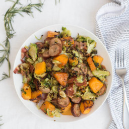 One Pan Wonder: Roasted Fall Veggies with Chicken Sausage + Bacon
