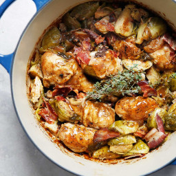One-Pot Apple Cider Braised Chicken with Brussels Sprouts and Bacon