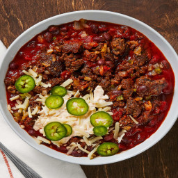 One-Pot Beef and Black Bean Chili with Spicy Crema and Monterey Jack Cheese