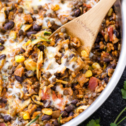 One Pot Cheesy Mexican Lentils with Black Beans and Rice