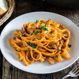 One Pot Creamy Fettuccine with Spicy Sausage
