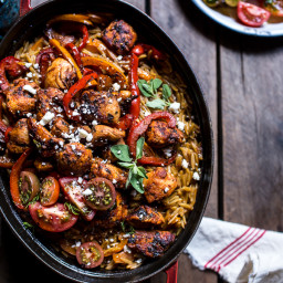 One-Pot Greek Oregano Chicken and Orzo with Tomatoes in Garlic Oil.