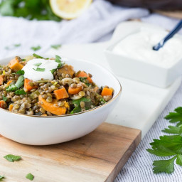 One Pot Green Lentils with Sweet Potatoes and Kale