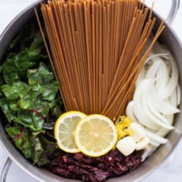 One Pot Lemon Pasta with Greens and Sundried Tomatoes