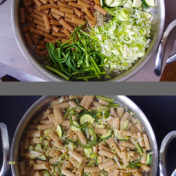One Pot Pasta with Zucchini, Garlic Scapes, and Leeks in a White Wine Lemon
