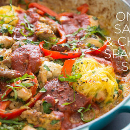 One-Pot Sausage & Chicken Spaghetti Squash Bake from Practical Paleo 2nd Ed