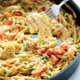 One Pot Vegan Fettuccine Alfredo with Peas and Roasted Cherry Tomatoes