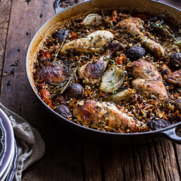 One-Pot Autumn Herb Roasted Chicken with Butter Toasted Wild Rice.