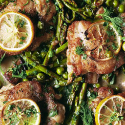 One Skillet Chicken Thighs With Asparagus And Peas