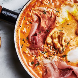 One-Skillet Creamy Chickpeas with Eggs and Prosciutto