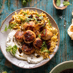 One Skillet Greek Meatballs and Lemon Butter Orzo with Whipped Feta