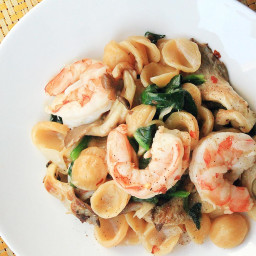 One-Skillet Orecchiette With Shrimp, Spinach, and Mushrooms Recipe
