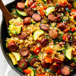 One Skillet Sausage with Veggies and “Rice” {Paleo, Whole30, Keto}