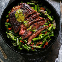 One-Skillet Steak and Spring Vegetables with Mint Mustard Sauce