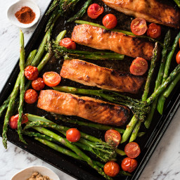 One Tray Spicy Brown Sugar Salmon with Vegetables