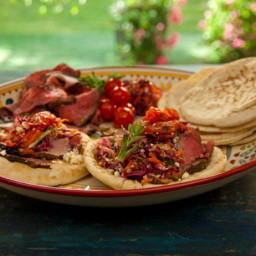 Open-Faced Pitas with Rotisserie Lamb with Pomegranate and Mint, Grilled To