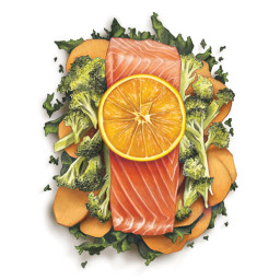Orange-Ginger Salmon Packets with Broccoli, Sweet Potatoes and Kale
