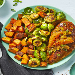 Orange-Glazed Chicken with Roasted Brussels Sprouts and Sweet Potatoes