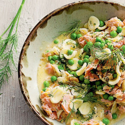 Orecchiette with hot-smoked salmon, peas and beurre blanc sauce