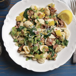 Orecchiette with Leeks, Spinach, Sausage, and Peas