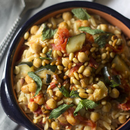 Orzo with Tomato Braised Zucchini and Chickpeas