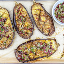 Oven Baked Eggplant with Olives, Capers and Basil