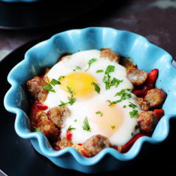 Oven Baked Eggs with Sausage, Peppers & Onions
