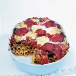 Oven-baked rigatoni with wild boar salami