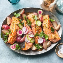 Oven-Baked Salmon with Charred Onions and Old Bay Radishes